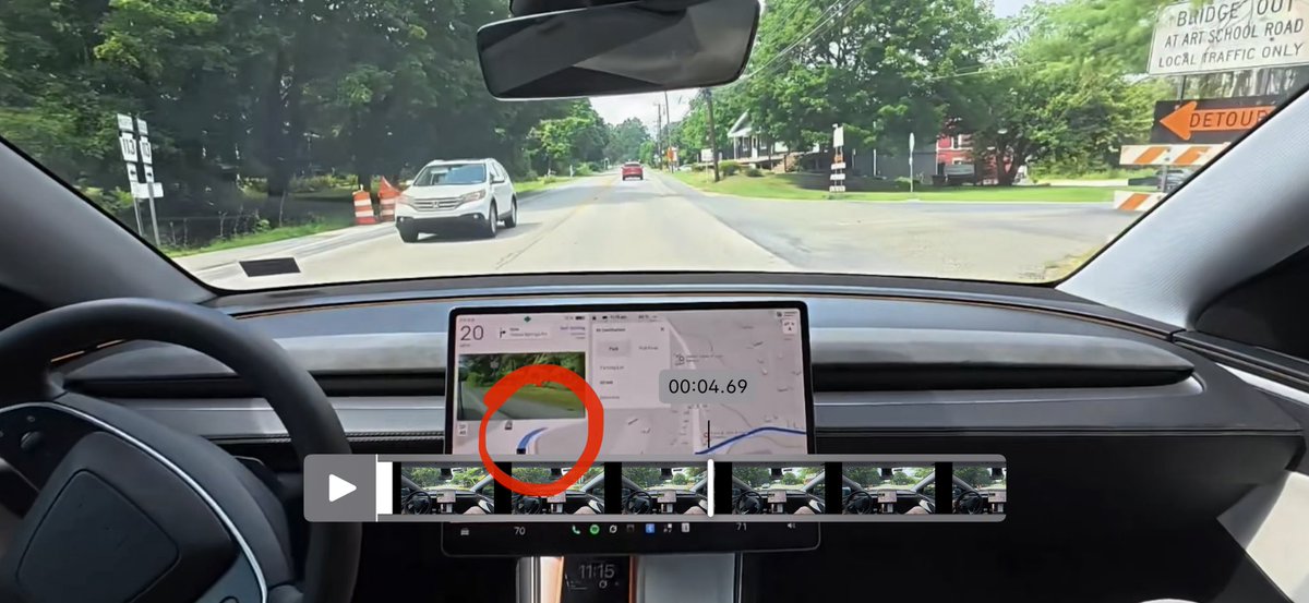 IvanGLong's tweet photo. Coincidentally, right-turn T-junction with two barricades、sign of “BRIDGE OUT
AT ART SCHOOL ROAD
LOCAL TRAFFIC ONLY”、orange DETOUR sign with a left-pointing arrow😬🤖The reaction was impressively fast, even though FSD took the wrong route. https://t.co/ca6sQfBTLt https://t.co/hho6k9yWmG