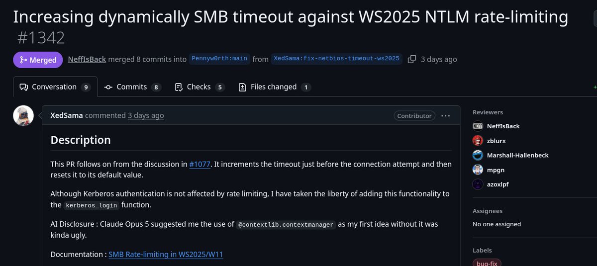 Defte_'s tweet photo. Because of that mechanism, failed authentication resulted in the NETBIOS timeout (more than 2 seconds which was our default value so far). But thanks to @Xed_sama  , it's now patched on main branch. Time to update :)! https://t.co/Ld8UsFexR8