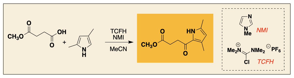 OrgSynth's tweet photo. Mild Pyrrole C-Acylation Using TCFH-NMI: Synthesis of Methyl 4-(3,5-Dimethyl-1H-pyrrol-2-yl)-4-oxobutanoate
Submitting Authors: Grant H. Miller, Gregory L. Beutner, and David A. Vosburg
Checking Authors: Alana Rose Meyer and Tehshik P. Yoon https://t.co/6779qjhyiD