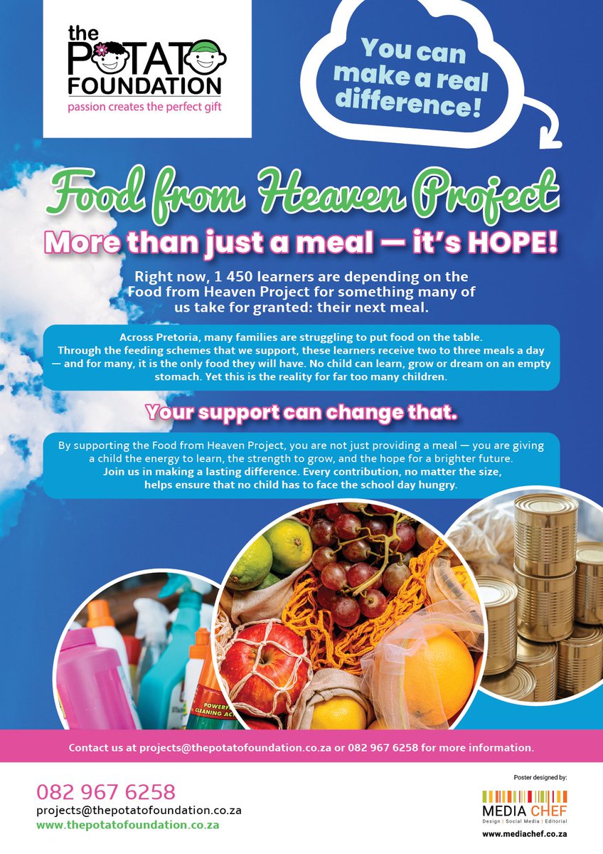 ThePotato1's tweet photo. Imagine fighting hunger pains while trying to focus on a blackboard or solve a math problem. For 1,450 children, that is reality. Through our Food from Heaven Project, we provide learners with vital meals every day. Your support doesn't just fill a plate-it fuels a child's future https://t.co/f2LEZRDKHD
