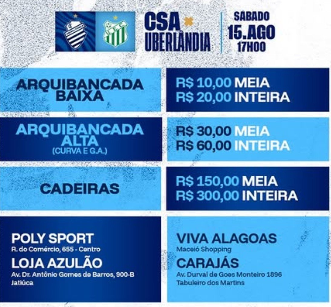 Ernande20674092's tweet photo. Indo na contra mão de seus adversários da #serieD , CSA abusa dos preços dos ingressos para o jogo de volta contra a equipe do @UEC_Oficial .
Enquanto outros adversários colocando ingressos como o mais cara na faixa de 80 Reias , o azulão do mutange colocando a 300 Reias . https://t.co/SSOufVw5ph