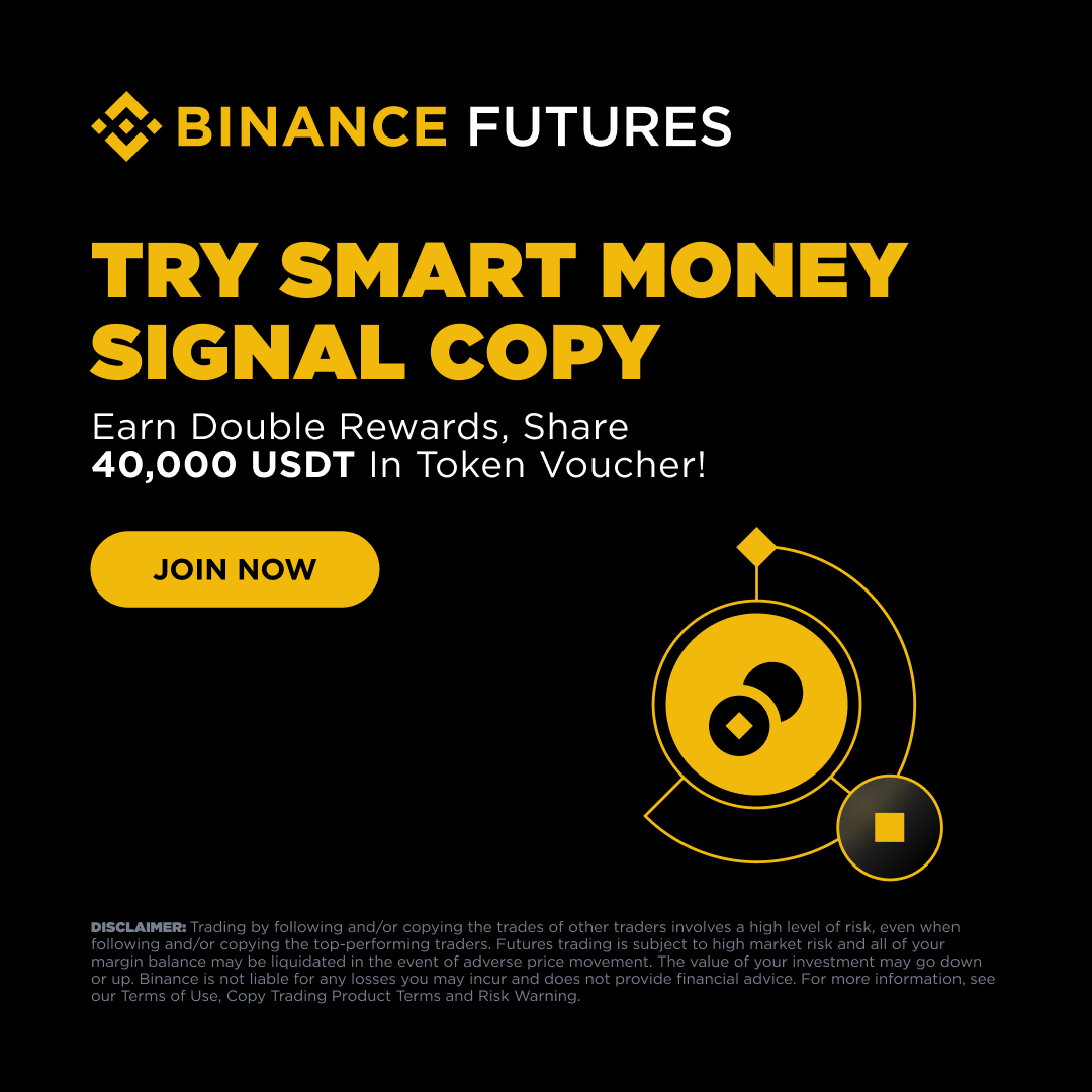 binance's tweet photo. Binance’s Smart Money Signal Copy Competition is live.

🔸 Traders: Earn up to 4,000 USDT per person based on PNL
🔸 Top Signal Copy portfolios: Share 10,000 USDT in Token Vouchers

Start now 👉 https://t.co/mGmfXebIeL https://t.co/r31vW8Ymae
