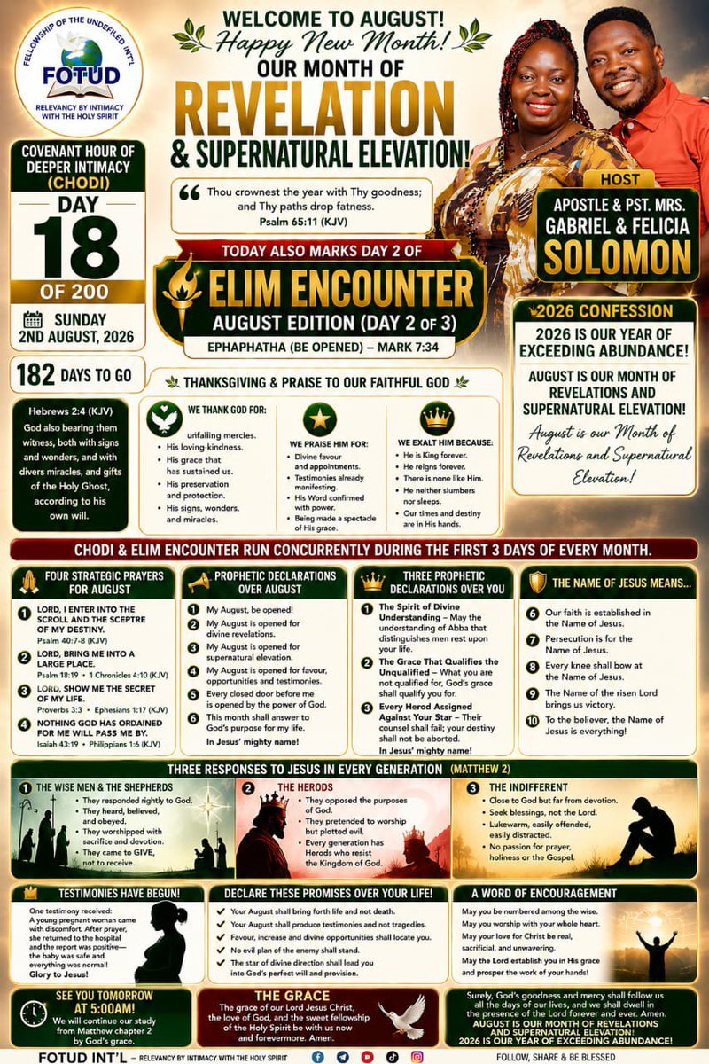 FOTUD_GLOBALNOW's tweet photo. 🕊️ WELCOME TO AUGUST!
Our theme for this month is REVELATION &amp; SUPERNATURAL ELEVATION!
"Thou crownest the year with Thy goodness; and Thy paths drop fatness." — Psalm 65:11
Declare it: My August is opened for favor, opportunities, and testimonies! 🙌#ElimEncounter #Fotud #Ages https://t.co/dg7fPw2jjB