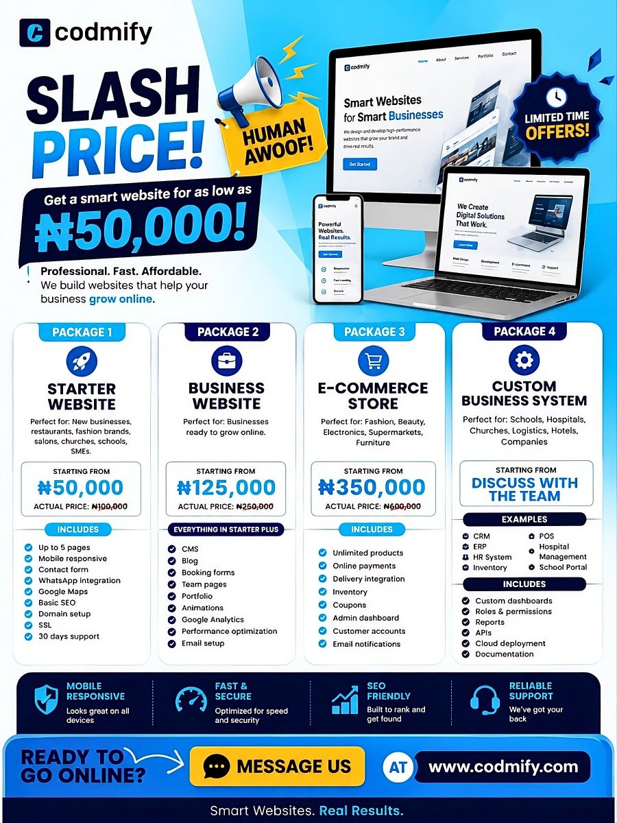 codmify's tweet photo. It's Awoof period!π₯³π₯π₯
Enjoy up to 50% Slash prices for website creation with Codmify in this month of August!
Check out our packages, message us and send us a DM @ https://t.co/3HAfRiLDkq to get your business to the next level!
#awoof #slashprice #websitecreation #codmify https://t.co/o98cbkf7ji