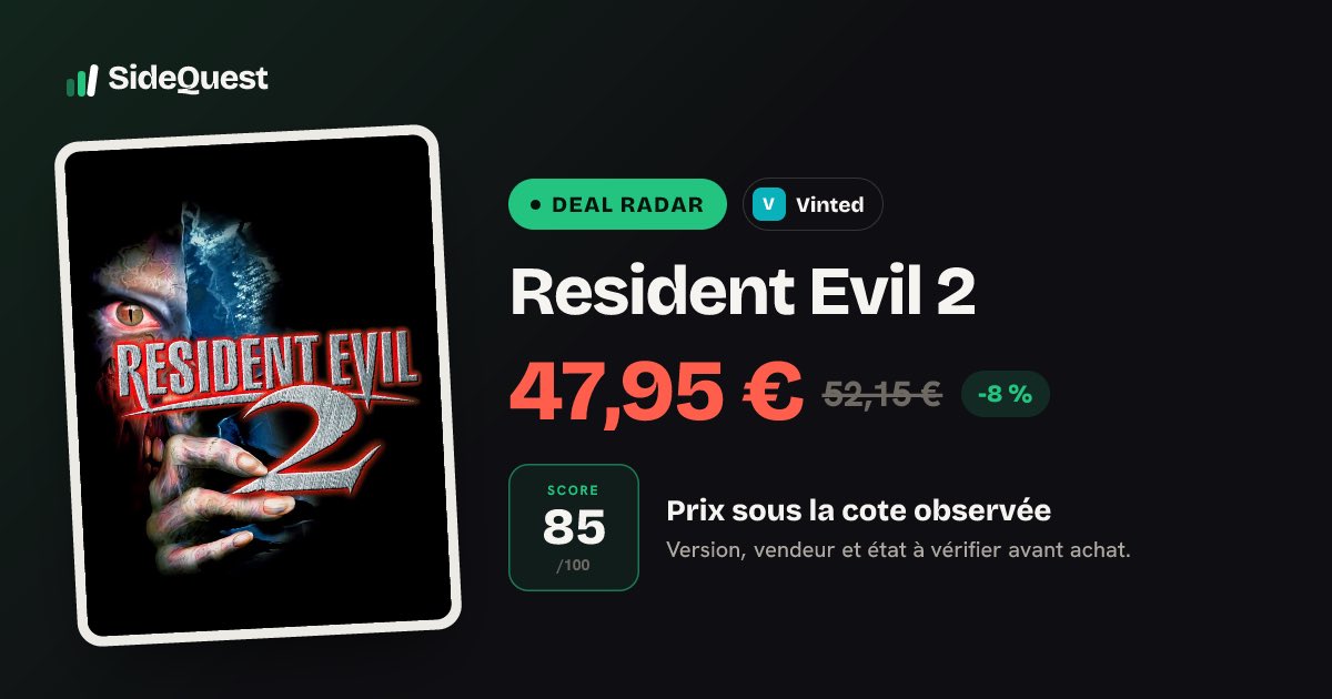 gesidequest's tweet photo. Deal Radar · Vinted 👀

Resident Evil 2 · PlayStation

47,95 EUR · score SideQuest 85/100
Bonne piste, à vérifier avant achat 👇
https://t.co/OgoYQrrNFd https://t.co/z2760cya4Z
