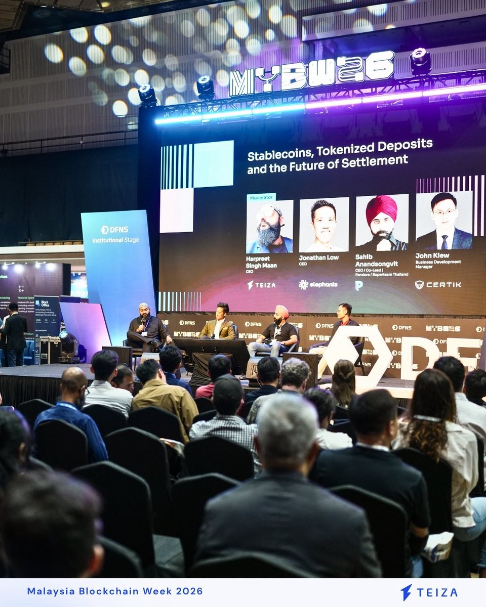 TeizaProtocol's tweet photo. Our CEO @0xHarpreet moderated "Stablecoins, Tokenized Deposits and the Future of Settlement" at @MalaysiaBCW last week on the DFNS Institutional Stage.

He was joined by Jonathan Low (@elephantsinc), Sahib Anandsongvit (@PandoraGrowth /@SuperteamTH), and John Kiew (@CertiK).

A few honest takeaways: institutional adoption is real but uneven across markets, and the infrastructure conversation is catching up to the demand.