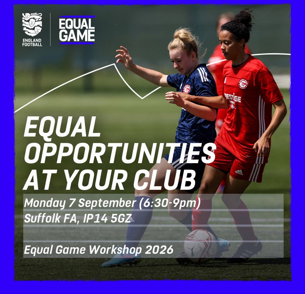 SuffolkFA's tweet photo. Two FREE Equal Game Workshops are taking place next month...

https://t.co/YNpCdTUgpX

#AThrivingLocalGame https://t.co/YqzKnk8ytV