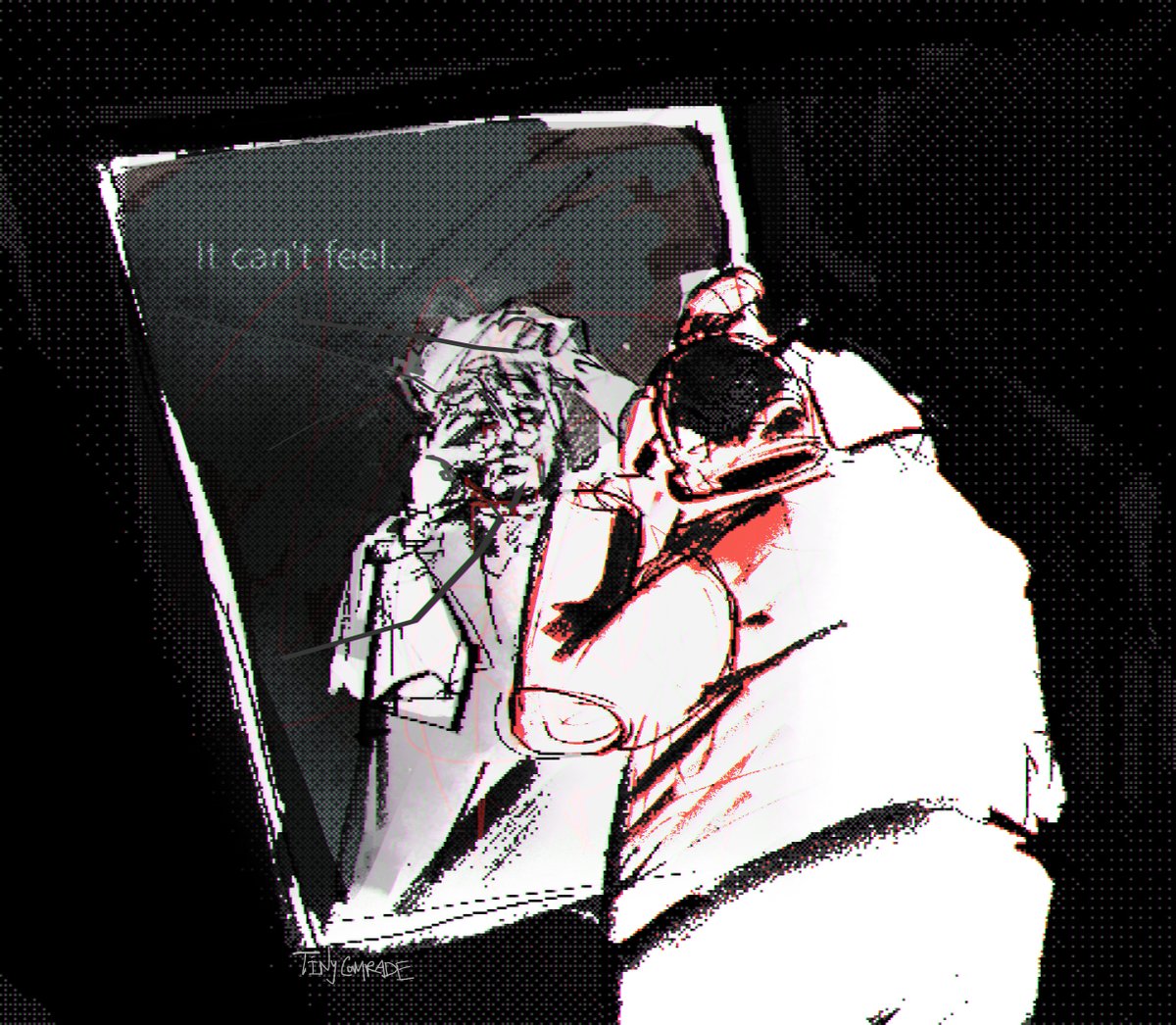 TinyComradeArt's tweet photo. What is the point of a body when you can't feel a thing?
I have had this concept of Dynamo having a dysphoria as a result of spending years in different containers but his own organic one.
He looks at his old photos to remind himself how he used to be 
#deadlock #dynamo https://t.co/fdSgr4VXOa