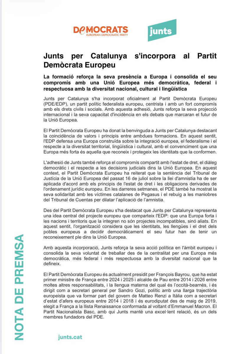 JuntsXCat's tweet photo. 🤝Junts per Catalunya s'incorpora al Partit Demòcrata Europeu (@democrats_eu)
🇪🇺Reforcem la nostra presència a Europa i consolidem el nostre compromís amb una Unió Europea democràtica, federal i respectuosa amb el fet nacional català. https://t.co/q5eZRdoYbf