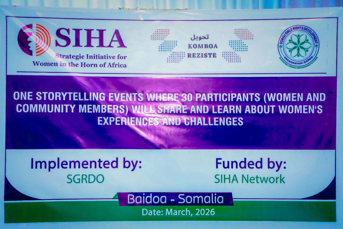 sgrdosom's tweet photo. BAIDOA MARCH 2026

The Somali Girls Rights Development Organisation was conducted a workshop about one storytelling events, where 30 participants Women and community members was shared and learned women experience and challenges that funded by SIHA Network. https://t.co/anvHgJ2tRp