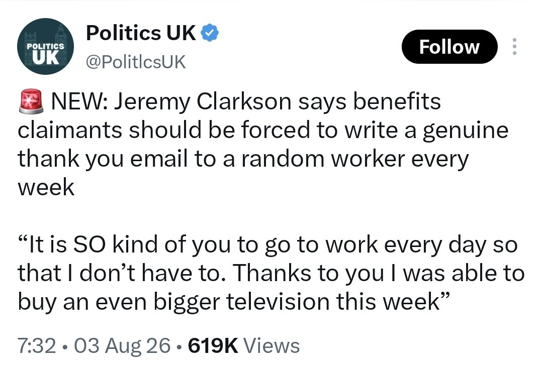 narindertweets's tweet photo. Brilliant idea. While we're at it, perhaps Jeremy Clarkson could send a weekly thank-you email to every licence payer who funded the BBC career that made him a millionaire..who then went onto buy a farm to avoid giving back to the very people who made him. https://t.co/Wnb52yyeQY