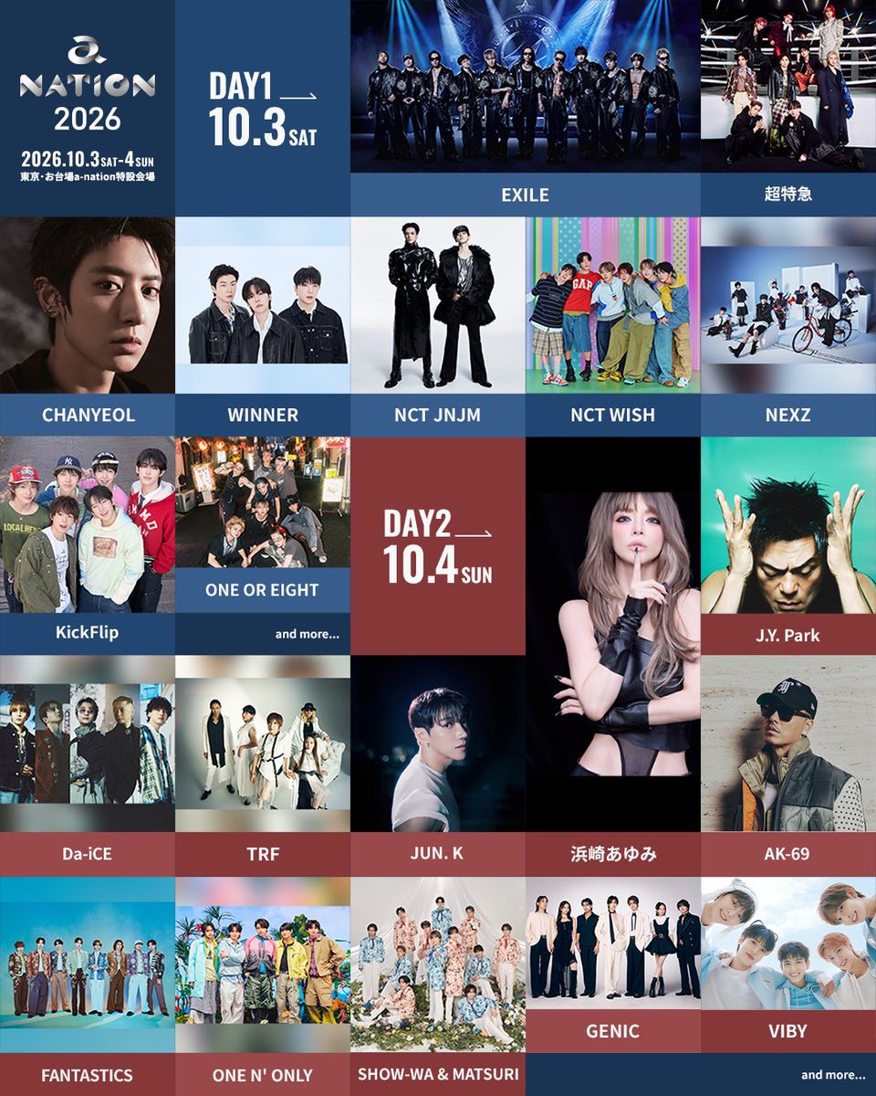 taiki__official's tweet photo. a-nation 2026 開催決定🏟️

今年は…‼️

Day-1 ⚡️10/3・・・EXILE
Day-2 ⚡️10/4・・・FANTASTICS

2日連続で
出演させていただきます🔥

どこよりもアツイ夏にしましょう‼️

@anation_navi https://t.co/TcnB0BFZXg