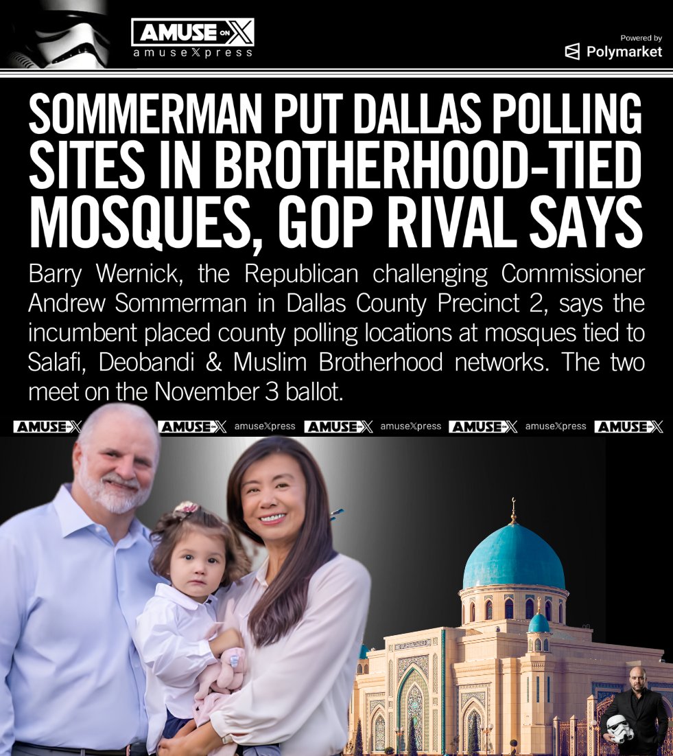 amuse's tweet photo. ISLAMIFICATION: Dallas residents are expected to feel comfortable voting at polling sites in Mosques controlled by designated terror groups, CAIR, and the Muslim Brotherhood, thanks to Commissioner Andrew Sommerman. Have you been told to vote at the Islamic Association of North Texas, Makkah Masjid, or Madinah Masjid? Did you actually vote or opt to stay home?