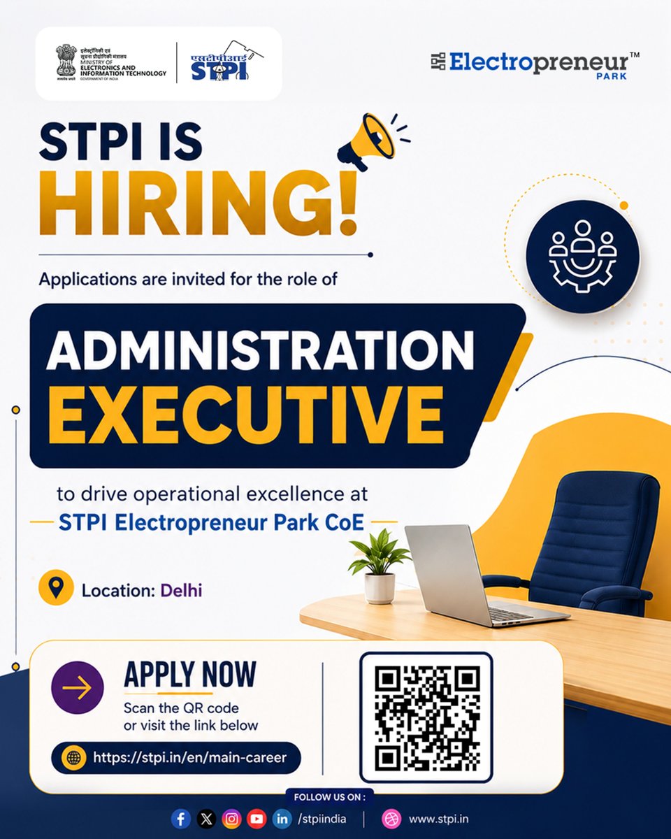 stpiindia's tweet photo. 📢 STPI is Hiring!

Are you an organised professional with a passion for ensuring seamless operations and administration?

STPI invites applications for the position of Administration Executive at STPI Electropreneur Park CoE, Delhi. If you're driven to support efficient operations and contribute to an organisation fostering technology-led innovation, this is your opportunity to be part of a dynamic ecosystem.

📍Location: Delhi
🔗 Apply here: https://t.co/4uK0r584mn

Join STPI and play a key role in enabling operational excellence while contributing to India's technology and startup ecosystem.

#STPIINDIA #HiringAlert #JobOpening #AdministrationExecutive #AdminJobs #CareerOpportunity #Recruitment #ElectropreneurPark #StartupEcosystem #Innovation #MeitY #DigitalIndia #Careers #DelhiJobs #ApplyNow 

@GoI_MeitY @AshwiniVaishnaw @JitinPrasada @SecretaryMEITY @arvindtw @_DigitalIndia @NeGD_GoI @startupindia @stpinext @StpiEpDelhi @Naukri @Glassdoor