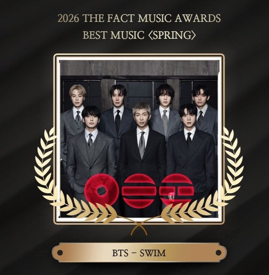 Pk_bts_land's tweet photo. Congratulations to BTS on already winning two trophies at the 2026 TMA (The Fact Music Awards), months before the awards ceremony even takes place: 

🏆 Best Music – Spring: SWIM
🏆 Best Music – Summer: COME OVER https://t.co/mSU6FPrFDl