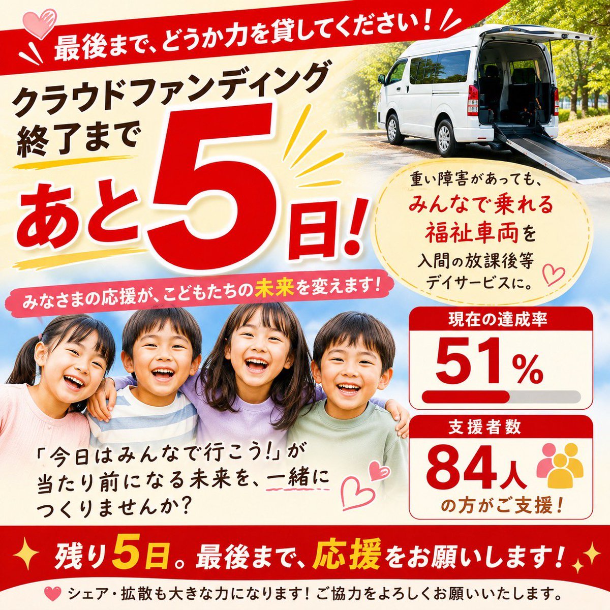 dare_hoke's tweet photo. クラウドファンディング終了まで、あと5日となりました。

現在、達成率51％。そして、84名もの皆さまにご支援いただいています。

一人ひとりの温かい応援が、本当に大きな励みになっています。心より感謝申し上げます。

しかし、目標達成までには、まだ多くのご支援が必要です。

私たちが目指しているのは、「重い障害があっても、みんなで一緒に出かけられる未来」です。

今は車いすのまま乗車できる福祉車両が1台しかなく、外出や送迎で「みんな一緒」が叶わないことがあります。

「今日はみんなで行こう！」

そんな当たり前の時間を、こどもたちに届けたい。

その願いを実現するために、このクラウドファンディングに挑戦しています。

残された時間は、あと5日。

最後の5日間でどれだけ多くの方にこの想いを届けられるかが、プロジェクトの成功を左右します。

もしまだご支援がお済みでない方がいらっしゃいましたら、ぜひ応援をお願いいたします。

そして、すでにご支援いただいた皆さまへ。

「シェア」や「いいね」、「周りの方へのお声がけ」も、大きな応援になります。

皆さまのお力が、こどもたちの未来を変える力になります。

最後まで諦めません。

どうか、最後の5日間も温かいご支援・ご協力をよろしくお願いいたします。

https://t.co/cMMz3FcGBC
