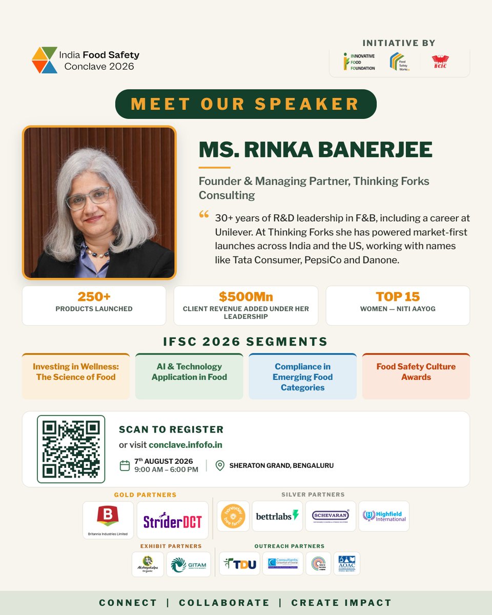 foodsafetyworks's tweet photo. We're delighted to welcome Ms. Rinka Banerjee, Founder & Managing Partner, Thinking Forks Consulting, as a speaker at the India Food Safety Conclave 2026.
ποΈ Register now: https://t.co/3wWLOX851m
#IFSC2026 #IndiaFoodSafetyConclave #FoodSafety #FoodInnovation https://t.co/7dSjzTKRb9