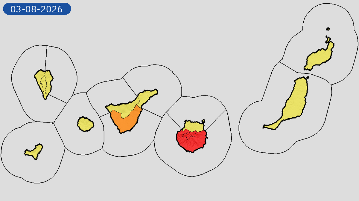 AEMET_Canarias's tweet photo. 03/08 10:36 AVISOS HOY Y MAÑANA | Canarias: temperaturas máximas y vientos. Nivel máximo de aviso: rojo.
Actualizaciones en https://t.co/mtfTh5gIwW https://t.co/KtoGJ6RjkK