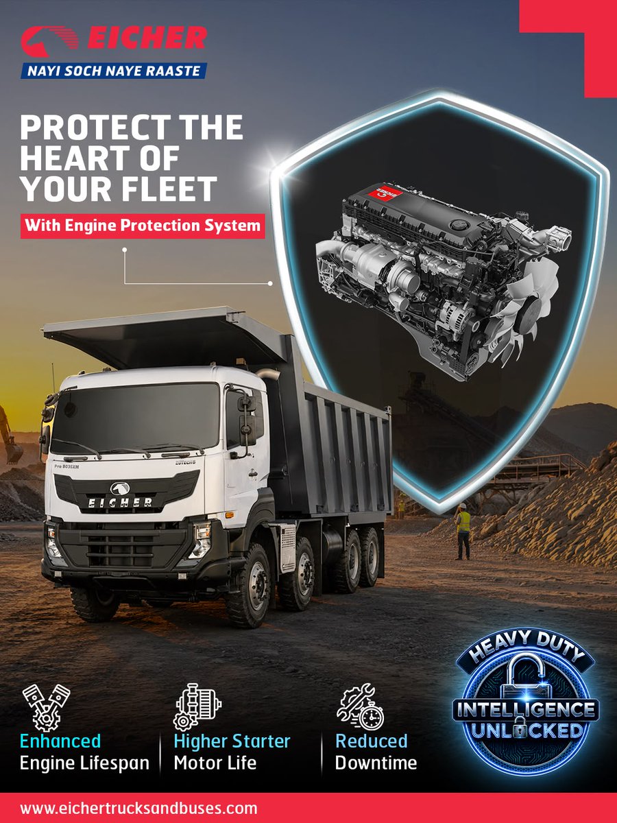 ETBIndia's tweet photo. Protect What Powers Your Business.
Eicher’s Engine Protection System, is designed to deliver longer engine life, enhanced starter motor durability and deliver Superior Uptime.
#EicherHDTrucks #EngineProtectionSystem #HeavyDutyIntelligence #SmartTrucking #GrowWithEicher https://t.co/p9pt4rqMIl