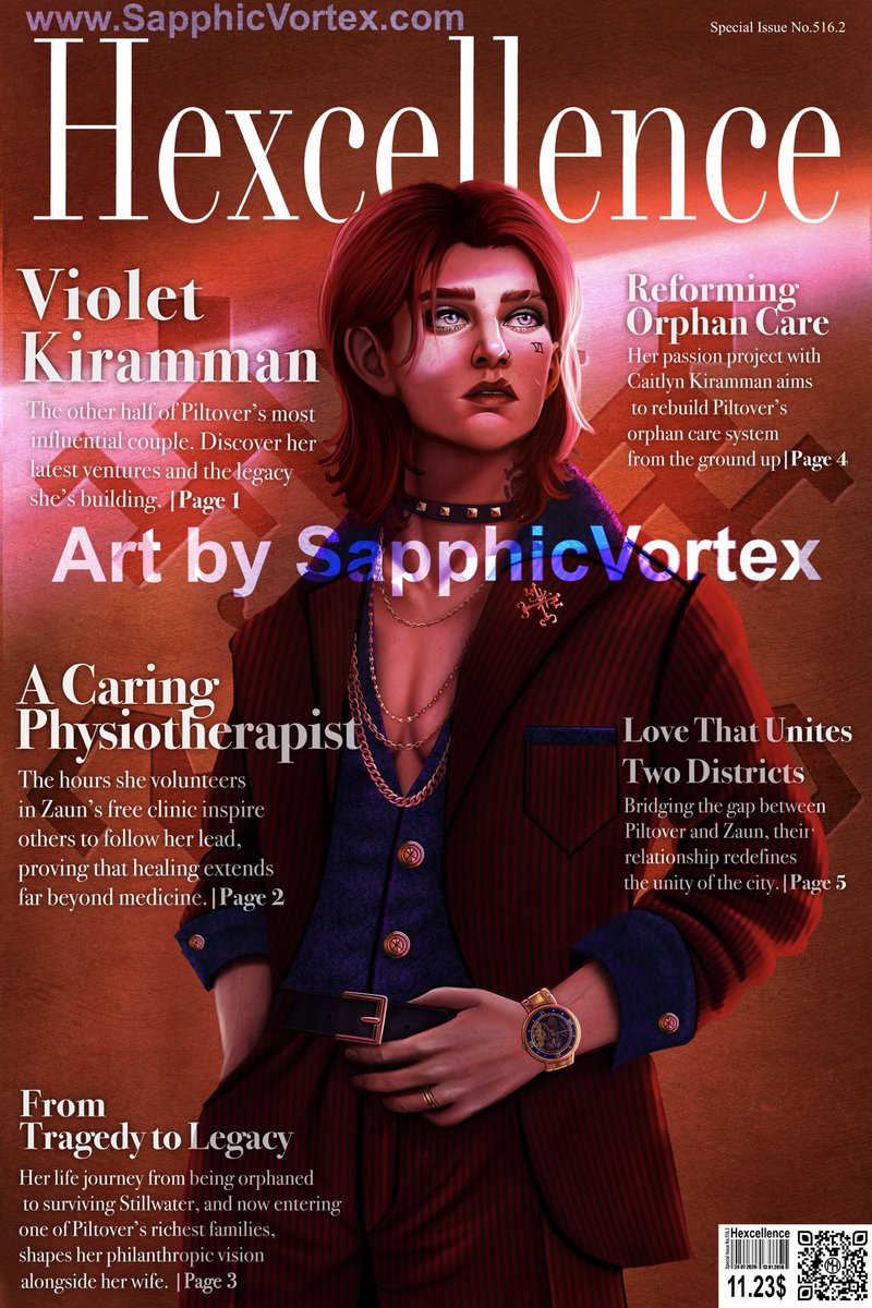 SapphicVortex's tweet photo. Vi now has her Written in Scars epilogue magazine cover ready too.
And don’t forget, Chapter 46: Medal of Honor comes out Wednesday at 6 PM EDT on AO3.  (psst… it’s the watch Cait gave her) #caitvi #caitvific #arcanefanart #arcanevi #violetkiramman #arcanefic #caitviau https://t.co/RDHbVYORIj