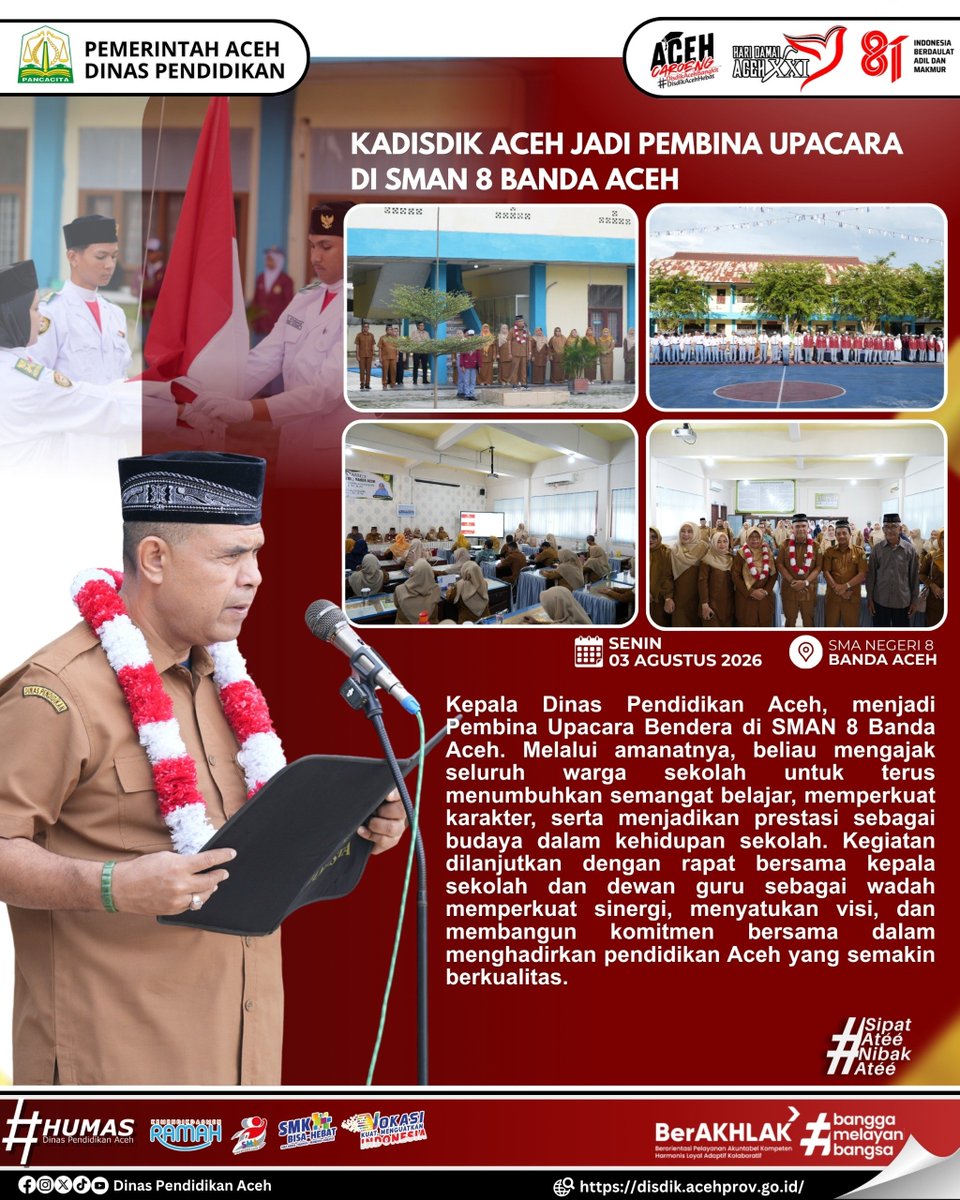 disdikacehprov's tweet photo. Kepala Dinas Pendidikan Aceh menjadi Pembina Upacara di SMAN 8 Banda Aceh serta berdialog bersama kepala sekolah dan dewan guru untuk memperkuat sinergi demi layanan pendidikan yang semakin baik.
#DisdikAceh #PendidikanAceh #BerAKHLAK #BanggaMelayaniBangsa #SipatAteeNibakAtee https://t.co/f2wfHthFx5