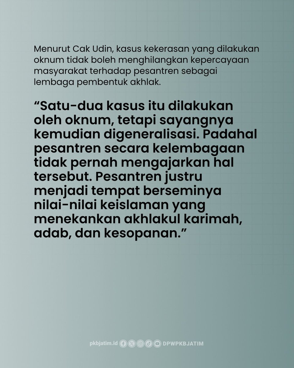 dpwpkbjatim_'s tweet photo. Tak ada ruang untuk kekerasan di pesantren. Pesantren Ramah Anak harus menjadi standar baru agar setiap santri belajar dengan aman, nyaman, dan terlindungi.
Saatnya memperkuat pesantren yang ramah anak, ramah santri, dan ramah lingkungan.
#PKB #PesantrenRamahAnak #LindungiSantri https://t.co/y6mTjYTisu