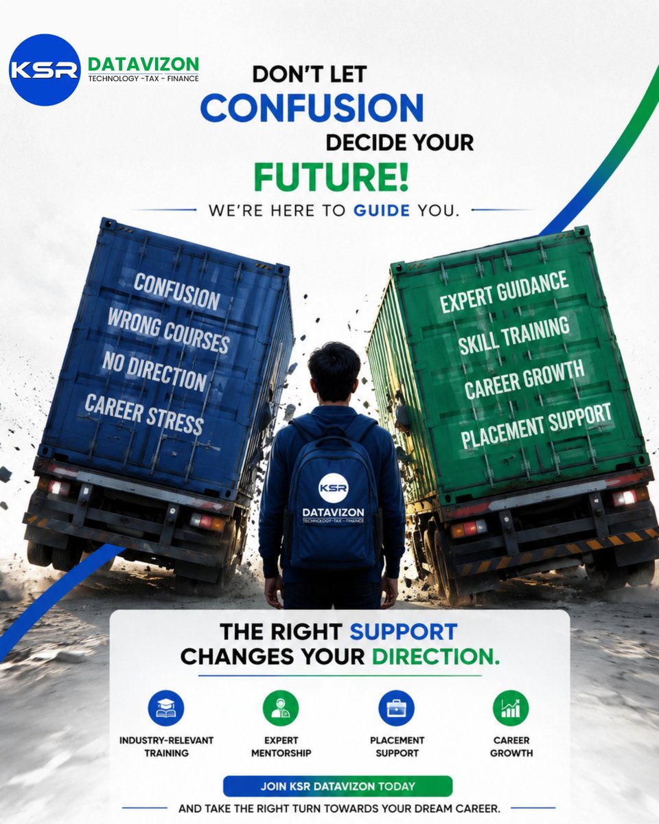 ksrdatavizon's tweet photo. Don't let confusion decide your future.
Choose the right guidance with KSR DATAVIZON.
Start your journey toward a successful IT career today.
#CareerGuidance #ITTraining #PlacementSupport #Java #Python #FullStack #DataScience #CareerGrowth #KSRDatavizon https://t.co/WnTJJZHxXK