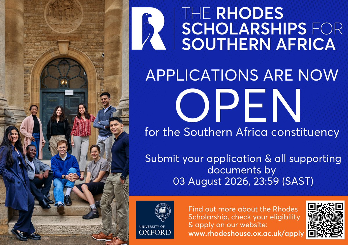 WitsUniversity's tweet photo. π¨ FINAL DAY: Witsies, today is your last chance to apply for the Rhodes Scholarship for Southern Africa.
One of the world's most prestigious postgraduate awards.
π
Applications close today, 3 August 2026.
Apply: https://t.co/bKleKrGo9s
#WitsForGood #RhodesScholarship https://t.co/NdmAs1Jk1r