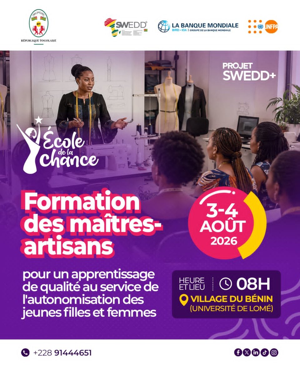 sweddplustogo's tweet photo. Un apprentissage de qualité commence par des formateurs bien préparés...

Les 3 et 4 août 2026, au Village du Bénin (Université de Lomé), les maîtresses et maîtres-artisans sélectionnés dans le cadre de l'activité «École de la Chance» du Projet SWEDD+ Togo ⤵️

 #Sweddplustogo https://t.co/xGVm950fzA