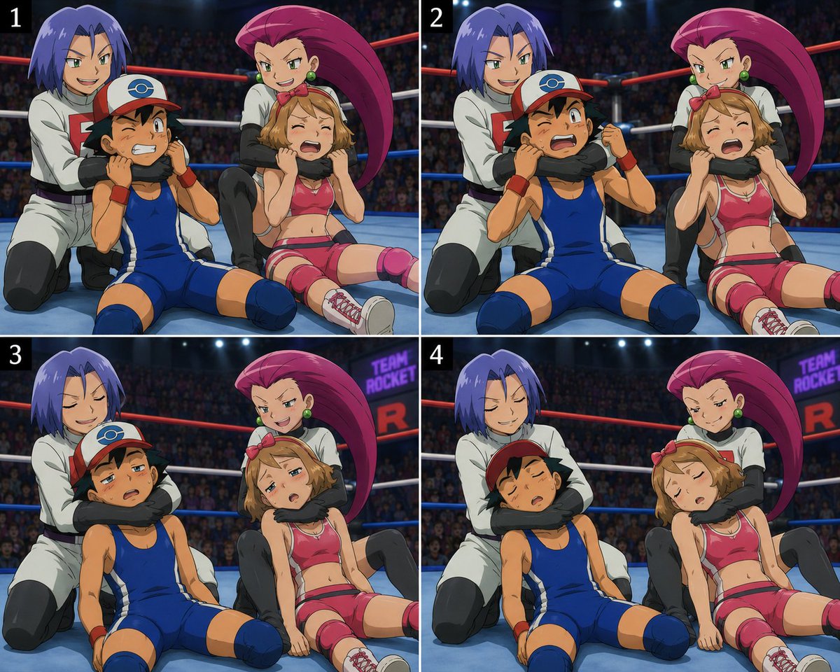 KnockoutsPoke's tweet photo. Ash Ketchum and Serena from the Pokémon Anime, knocked out and put to sleep by James and Jessie by a Sleeperhold, in a wrestling ring

#wrestling #passedout #knockedout #unconscious #sleep #puttosleep #sleeperhold #pokemon #pokemonanime #anipoke #james #jessie #ash #serena https://t.co/ONudvdS7GN