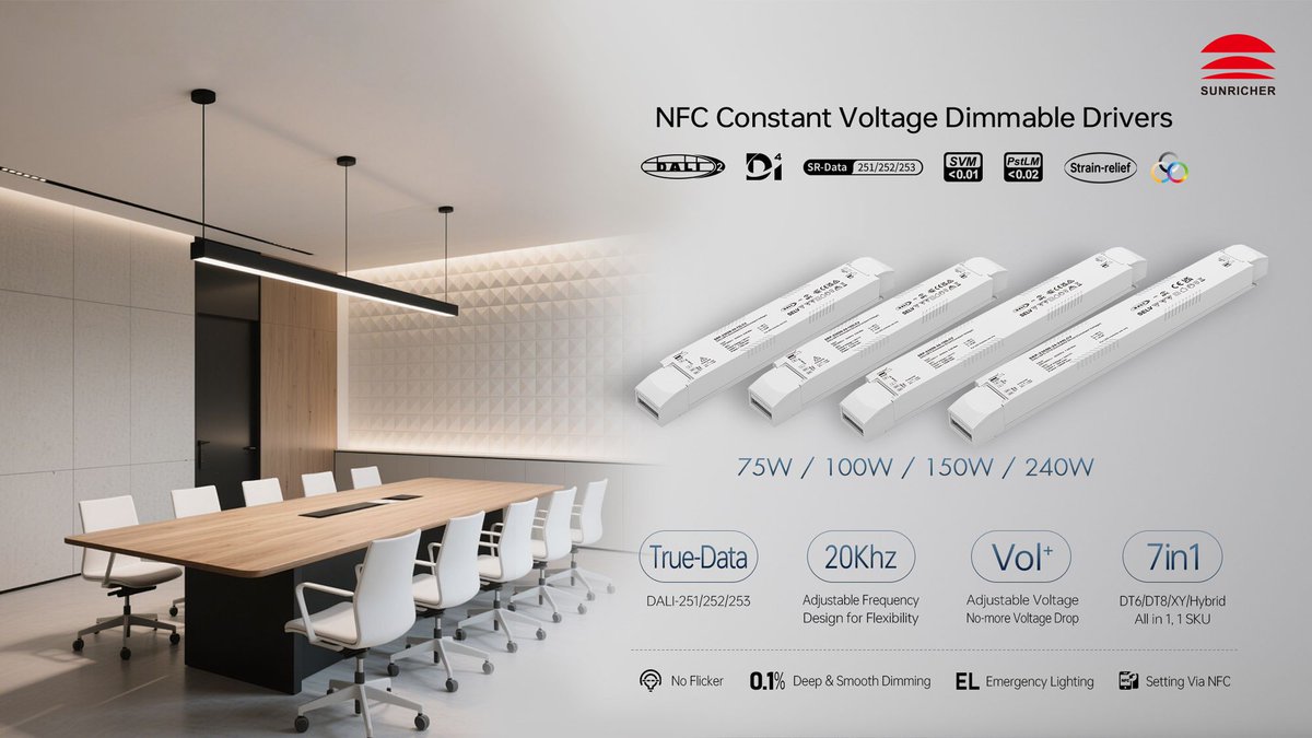sunricher's tweet photo. 💡 Flexibility matters in modern lighting.
Our NFC constant voltage DALI drivers feature:
✔ Adjustable frequency
✔ Adjustable voltage
✔ DT6 / DT8 / XY / Hybrid support
One driver, more possibilities.
#DALI #SmartLighting https://t.co/roTyB6Znbl
