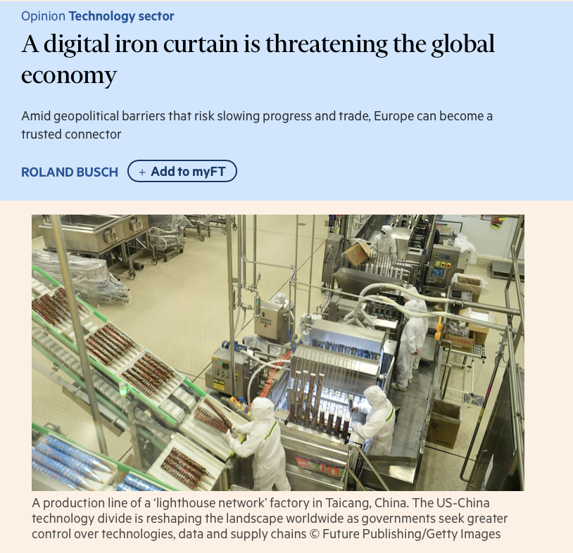 TheresaAFallon's tweet photo. The #elitecapture of Roland Busch, and Siemens by China on full display as he advocates in this op-ed that Europe should not choose between US and Chinese tech, but instead become a trusted connector of these two tech titans. But the growing depth of the connections between authoritarian regimes is hard to ignore, for ex. China's support for Russia's war in Ukraine. 

Just what type of technology does Europe want to sign up for from a Leninist authoritarian state where independent political opposition is illegal? Where the party apparatus penetrates and controls all levels of the govt, military, and society? Where civil rights, media, and public dissent are strictly limited, even though the economy incorporates large private markets? 

Of course, Siemens wants to continue making money in China (and even that money pot has been in decline for several years) and will advocate this Chinese position in order to protect their own bacon. But European leaders need to choose wisely on the type of future they want, not only in regard to short term economic gain, but longer term authoritarian influence and consider how technological dependence on China will import their values, erode their institutions, and imperil their democracies.