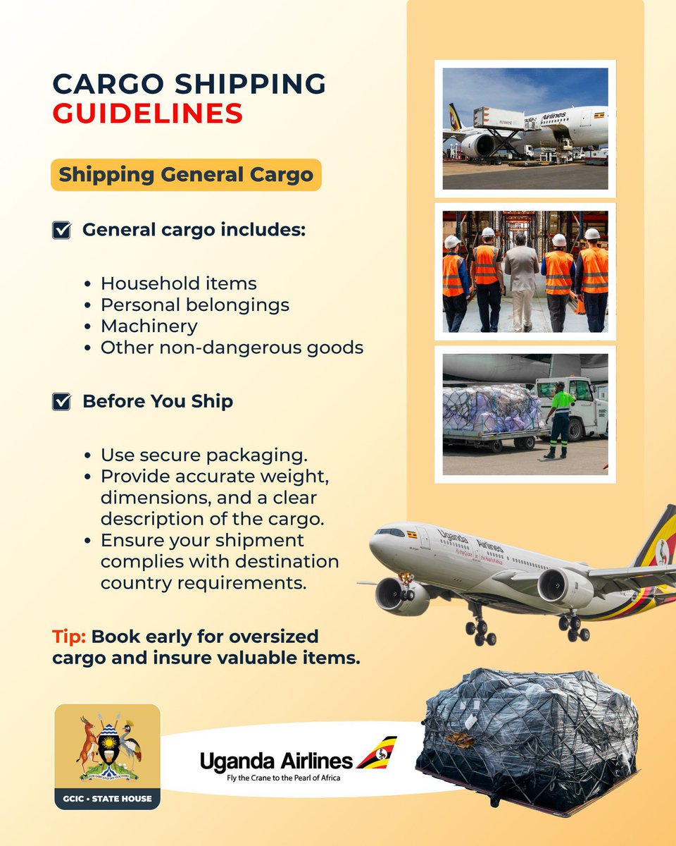 NyonyoziUg's tweet photo. Planning to send general cargo with @UG_Airlines? Tip. Book Early for oversized cargo and insure valuable items. #OpenGovUg https://t.co/36b2OmMOAp