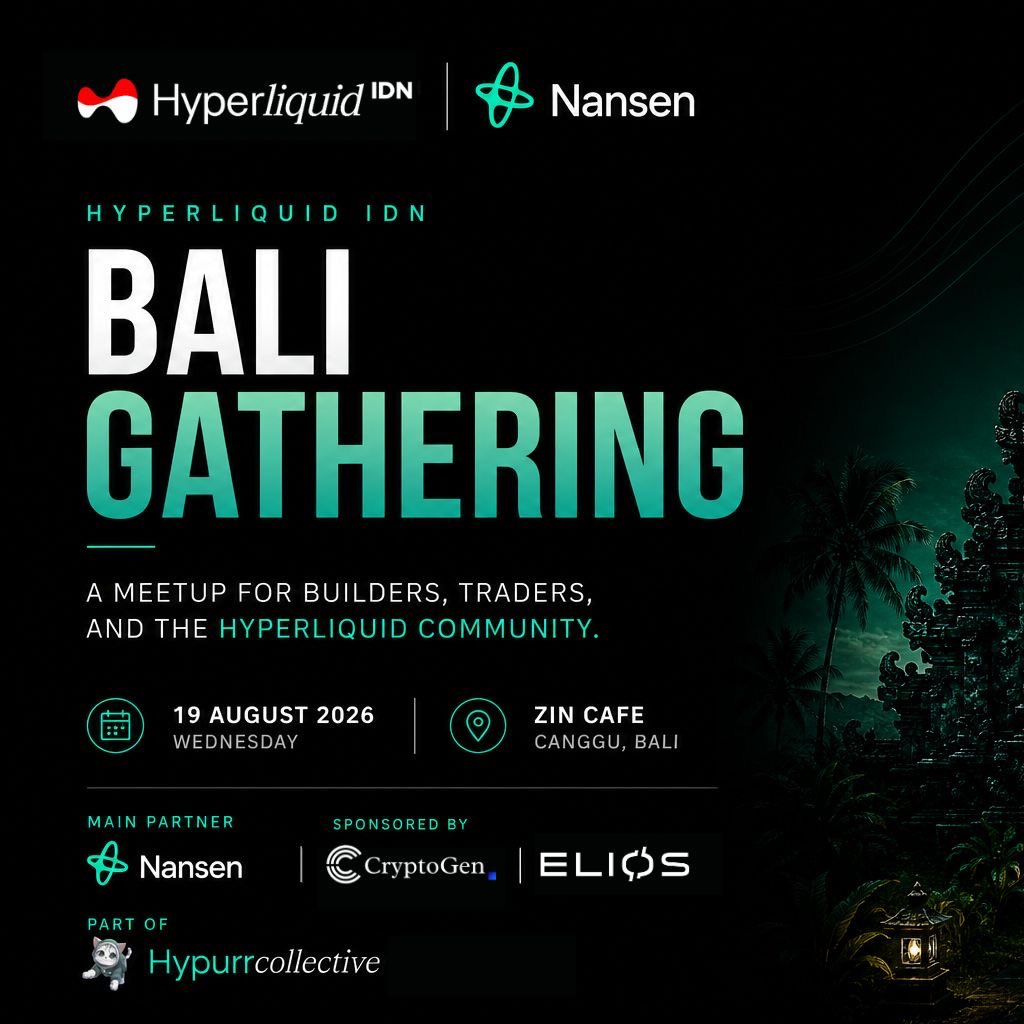 Hyperliquid_IDN's tweet photo. It’s time.
Hyperliquid IDN is hosting our first-ever Bali Gathering as part of @hypurr_co eco program.
A meetup for builders, traders & the Hyperliquid community.
📅 Aug 19, 2026
📍 ZIN Cafe, Canggu — Bali
Powered by 
@nansen_ai
@Cryptogen_id 
@eliospay 

RSVP 👇
https://t.co/7fhDffkyOb