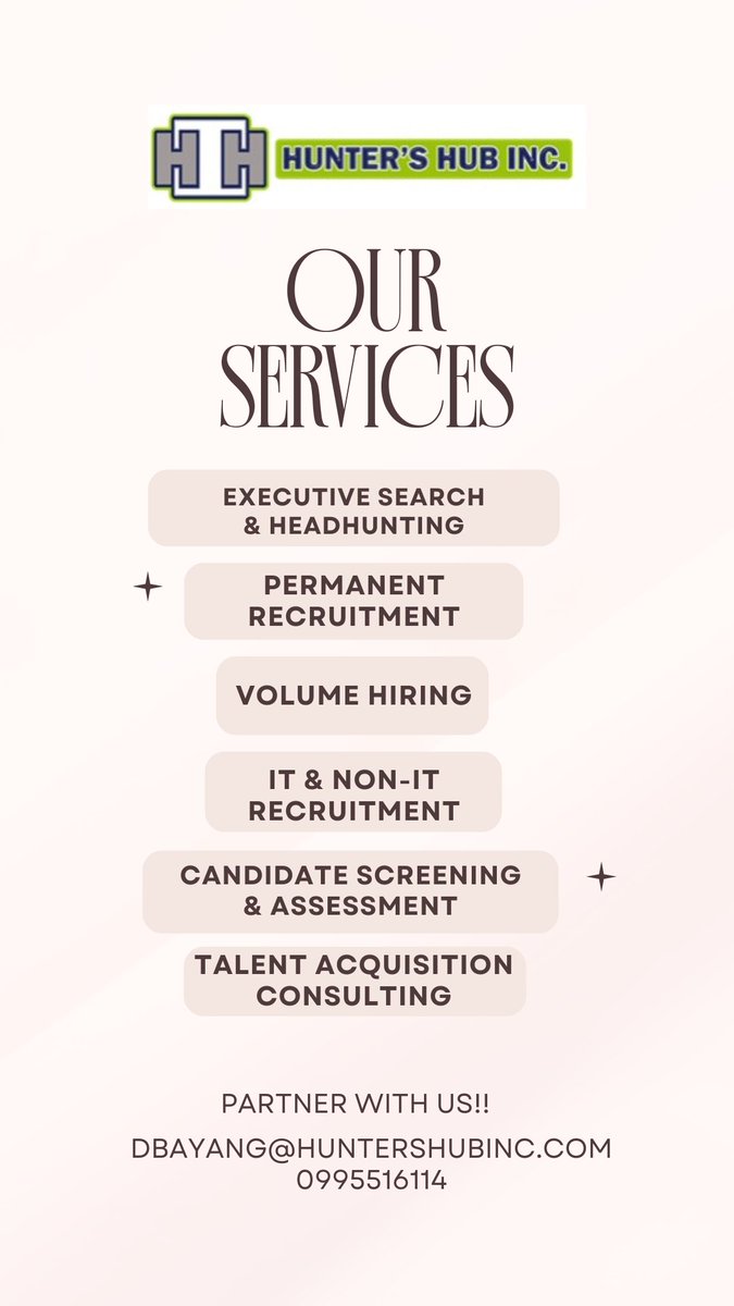HuntersHubbInc's tweet photo. ✔️ Executive Search &amp; Headhunting
✔️ Permanent Recruitment
✔️ Volume Hiring
✔️ IT &amp; Non-IT Recruitment
✔️ Candidate Screening &amp; Assessment
✔️ Talent Acquisition ConsultingLet's find the talent that drives your business forward.📩 Email: DBAYANG@HUNTERSHUBINC.COM
📞 0995516114 https://t.co/am4Tyx90aP