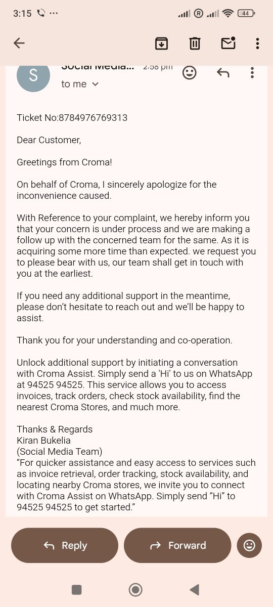 kanand90's tweet photo. @cromaretail You are saying my issue is "resolved," while latest email says it's still under process and needs more time. Which one is true? Stop marking unresolved cases as resolved and provide an actual replacement or refund. https://t.co/vBVVXIceP0