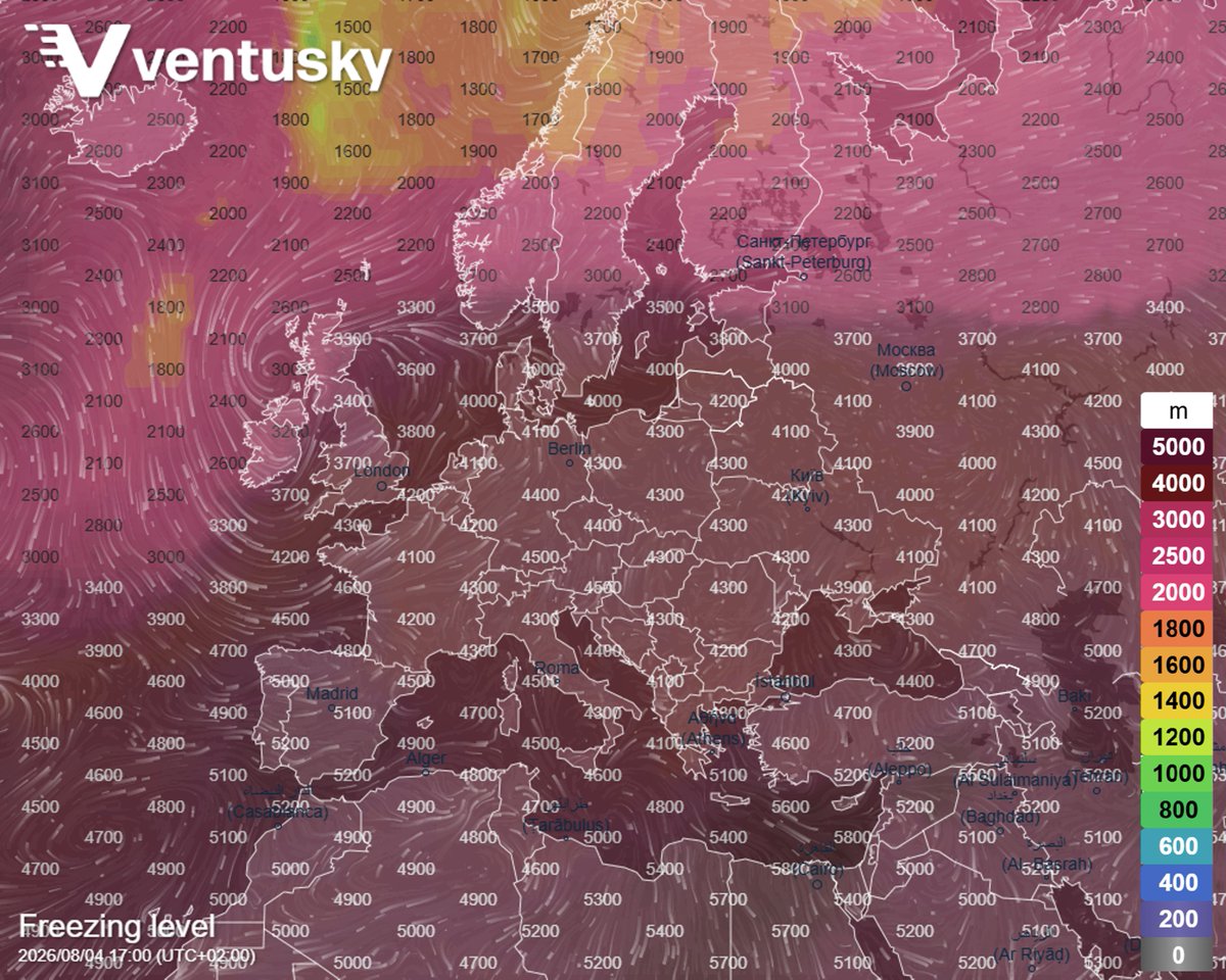 Ventuskycom's tweet photo. ⚠ The ongoing European heatwave is associated with a strong, vertically extensive anticyclone, raising the freezing level above 4,000 m across much of the Alps. Such conditions significantly accelerate the melting of Alpine glaciers.📈 https://t.co/tvI4uccK8d https://t.co/09LH3vz1VV