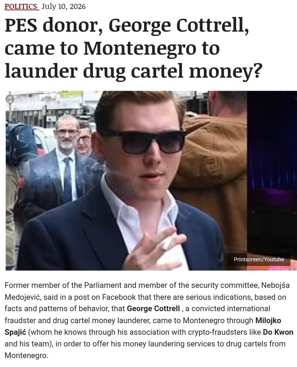 OneFinanceGuy's tweet photo. Reform & Montenigrin mafia: this is getting more serious by the hour. George Cottrell dated for many years the sister of an international drug trafficker arrested in Italy for  drug smuggling and who belongs to the Kavac clan. Now Bylines saying his accountant, who operates a shell in London ("Tesla Energy") that moved £2.8m is also in a direct relationship with a Kavac clan member. Is drug trafficking serious enough to be looked at by UK authorities?
Details:
1) https://t.co/9uaYrHwB3I

2) https://t.co/2fmAc8tuPT