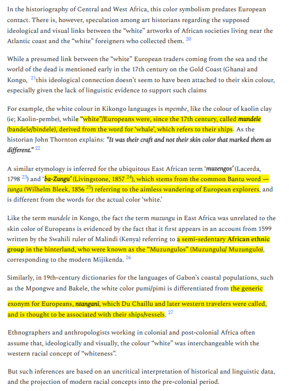 rhaplord's tweet photo. Pre-colonial African terms for "whites"/Europeans were never about the colour white 

Western scholars can be confused by this because most European terms for Africans mean "black"

Be skeptical of interpretations of African traditions or artwork that equate "white" with European.