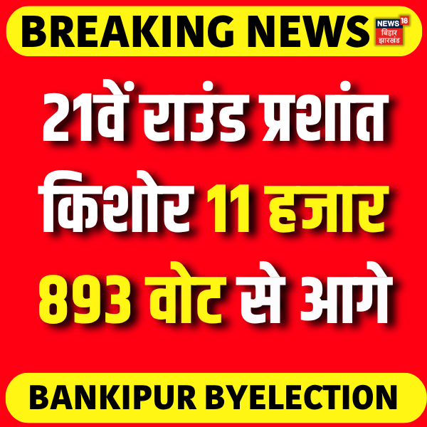 News18Bihar's tweet photo. Bankipur By Election Result Update : 21वें राउंड प्रशांत किशोर 11 हजार 893 वोट से आगे।

#bankipurbyelections #BreakingNews #prashantkishor #jansurajparty #Votingcounting #news18biharjharkhand #BJPNEWS https://t.co/igQNLirdbu
