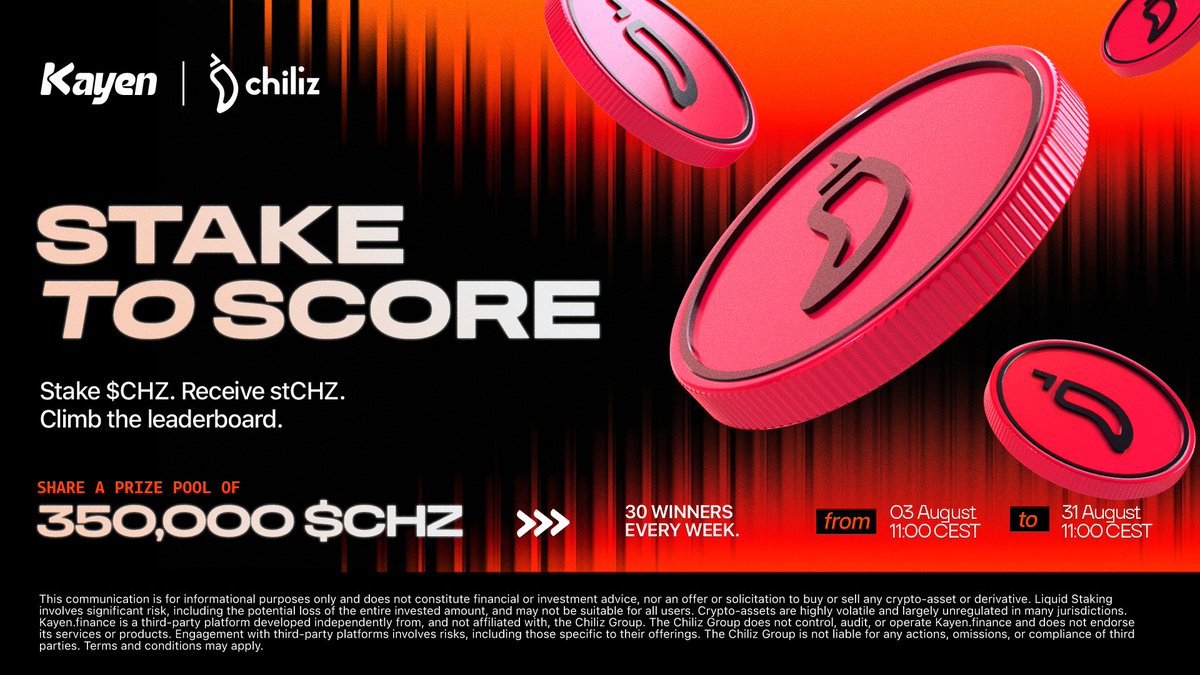 Chiliz's tweet photo. Introducing Stake to Score.

A four-week liquid staking activation where your $CHZ position, liquidity, loyalty, and DeFi activity determine your score.

🏆 350,000 $CHZ in rewards
🎁 30 winners every week
📅 Live until 31 August

Here's how it works ⤵️
🔗 https://t.co/AWRYjAJKT3 https://t.co/2qOht9PA7X