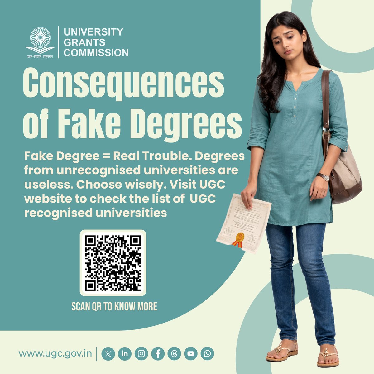 ugc_india's tweet photo. 🧑‍🎓 Before you enroll, verify!
 
Secure your career with a genuine degree. Avoid the pitfalls of unrecognised universities and ensure your degree is valid. Check the UGC list of recognised and fake universities at https://t.co/AS4azsl4sU to make an informed choice for your future.
 
 🔎 Check the list of fake and recognised universities here: https://t.co/AS4azsl4sU
 
Read the UGC Letter: https://t.co/JF4F9O9QlM
 
#FakeUniversities #HigherEducation #StudentAwareness