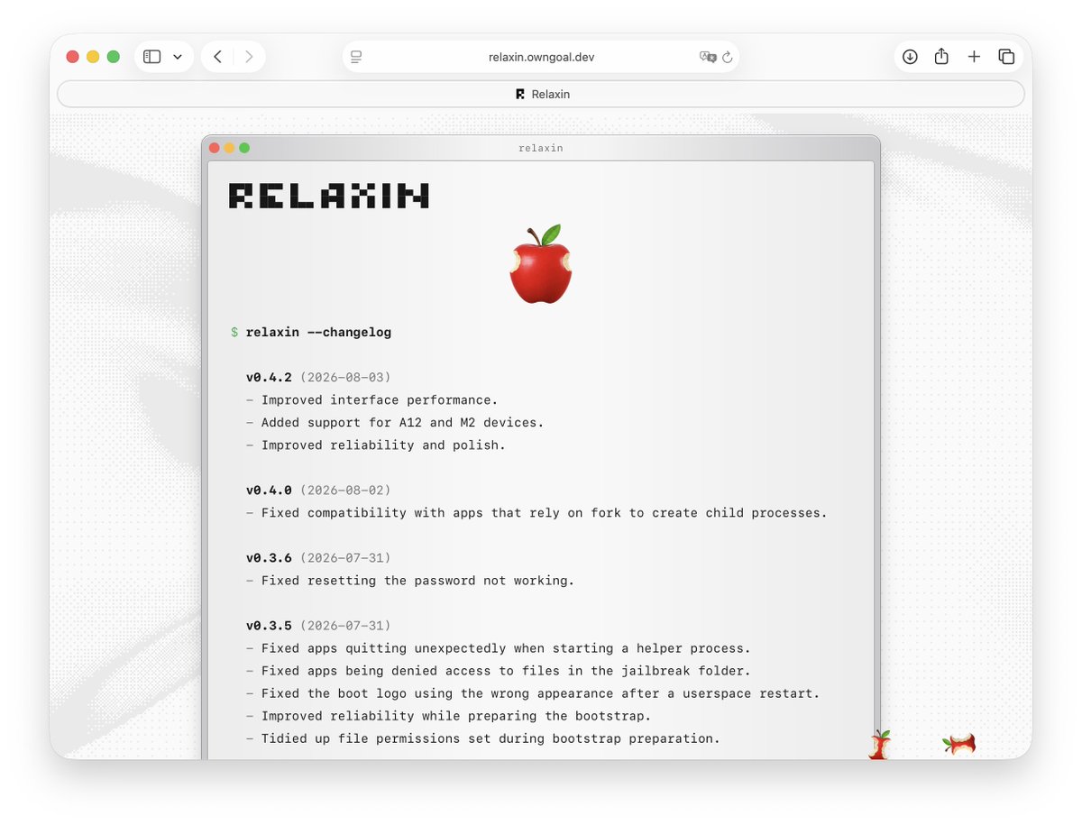 82Flex's tweet photo. Relaxin now supports iOS devices with A12-A17, M1 and M2 chips running iOS 17.0–17.3.1. We’ve refined this support on actual devices by purchasing or borrowing them ourselves. Moving forward, we’ll focus on stability and performance, and provide you with more high-quality tweaks. https://t.co/wwxFToqWtt