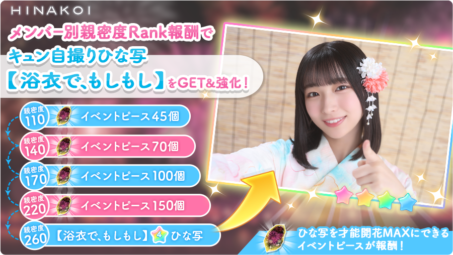＊ぴぴ＠プロフ参照下さい。＊ ✨イベント限定 ひな写をGET✨／ メンバー別親密度Rank報酬に【浴衣で