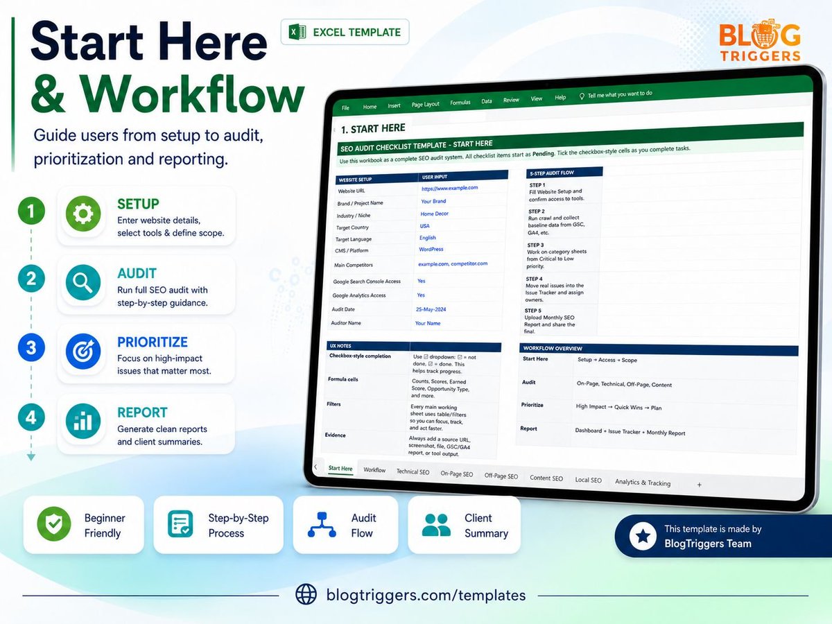 BlogTriggers's tweet photo. 🚀 Save hours on your next SEO audit.

Try our SEO Checklist Excel Template with 580+ SEO tasks, a built-in dashboard, and step-by-step checklists to keep every audit organized.

🎁 Sign up now and get this template FREE!

🔗 https://t.co/6GUcIhw6yZ https://t.co/3F2xTker77