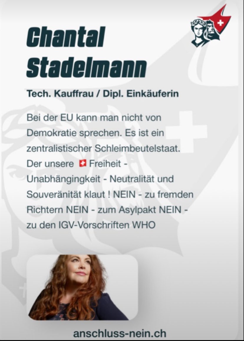 ChantalStadelm1's tweet photo. NEIN zum EU-Vertrag.
Ich setze mich für eine #freie und #unabhängige Souveräne 🇨🇭 ein – ohne schleichende Machtverschiebung nach Brüssel. Entscheidungen über unsere Zukunft sollen weiterhin hier in der🇨🇭 getroffen werden.
JA zur Schweiz. 🇨🇭
NEIN zur EU https://t.co/z8PC3BbNou