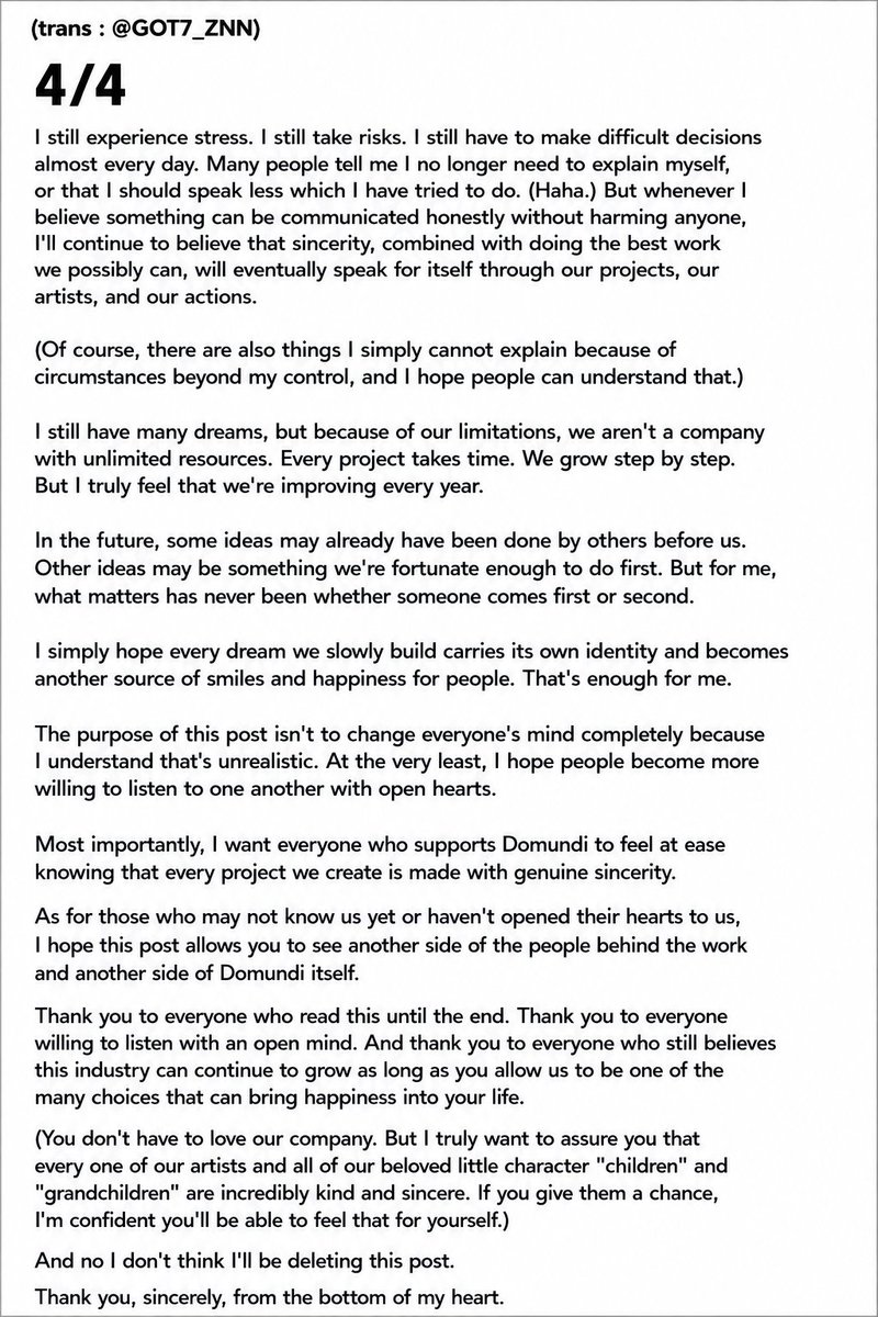 GOT7_ZNN's tweet photo. English Translation of both posts.

Ps. This is the first time in a very long time when I find myself agreeing and actually appreciate Mr.Aof for speaking out on this issue where many arrogant people always downplay dmd artists and the mascots. Thank you taking your stance and protecting both the artists and these innocent masks. And ringing it out that these concepts NEVER belonged to any single company. Everyone should be respectful and considerate of others. We can enjoy these things without mud thrown at each other.