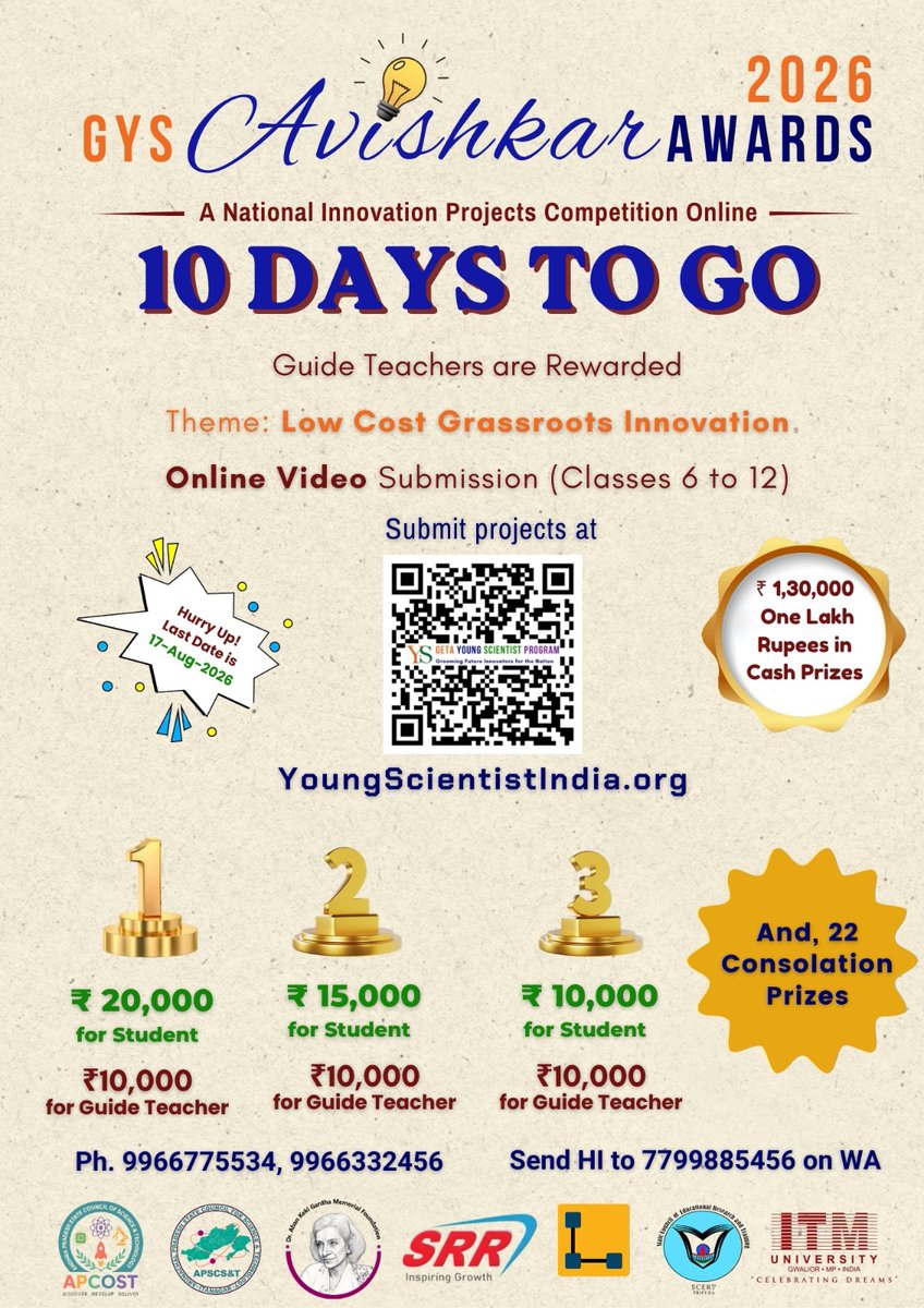 YoungGeta's tweet photo. GYS Avishkar Awards 2026

Dear Teacher, Innovation begins with a small idea, but that idea can create a big impact on society.

Total Cash Prizes:₹1.3 Lakhs

Visit https://t.co/EbbNtYLExw

Call 9966775534, 9966332456

Send "hi" to 7799885456 in WhatsApp https://t.co/zQ8CMWYFxF