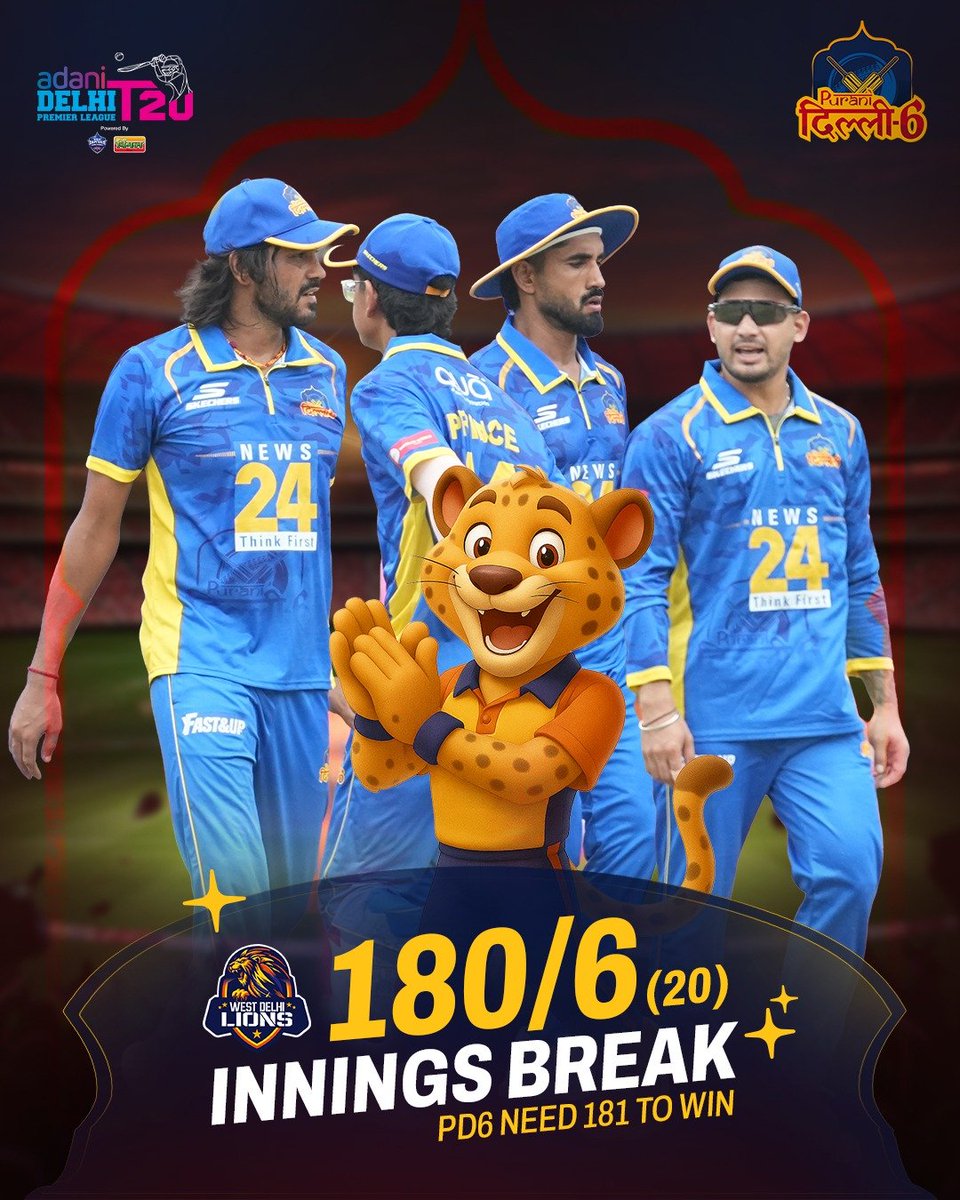 PuraniDilli_6's tweet photo. Innings Update 📊
WDL finish on 180/6.
181 to win. 💙🏏

#PuraniDilli6 #DPLT20 #Matchday #BlueArmy #RoarWithPD6 https://t.co/tZLEGMJtzq