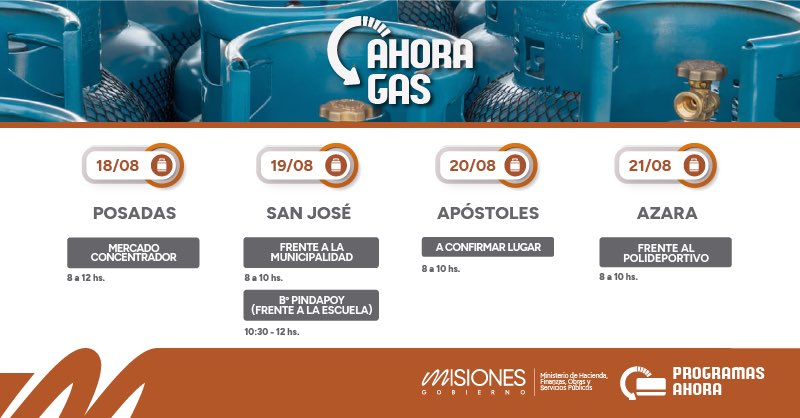 adolfosafran's tweet photo. #AhoraGas #Misiones
DURANTE AGOSTO EL PROGRAMA AHORA GAS CONTINÚA RECORRIENDO LA PROVINCIA
El programa Ahora Gas continúa realizando operativos que todas las semanas acercan a distintas localidades la posibilidad de realizar recargas de garrafas de GLP de 10 kg a $20.000, un precio muy inferior al valor en estaciones de servicio, comercios y cooperativas, en donde los valores rondan entre $25.000 y $30.000, mientras que en otros comercios se vende a precios todavía mayores.
Durante agosto, el Ahora Gas recorrerá las localidades de Posadas (4/8); Guaraní (4/8); Garupá (5/8); Posadas (6 y 11/8); Puerto Rico (11/8); Capioví (12/8); Jardín América (13/8); Posadas (18/8); San José (19/8); Apóstoles (20/8); Azara (21/8); Posadas (25/8); general Urquiza (25/8); Puerto Esperanza (26/8); Wanda (27/8) y Puerto Libertad (28/8)
El programa Ahora Gas, que fue creado en el año 2018 durante el primer mandato de Hugo Passalacqua, continúa acercando este beneficio al que acceden familias de toda la provincia; una herramienta que fortalece el acceso a un servicio esencial y cobra mucha relevancia si además tenemos en cuenta que Misiones es la única provincia del país que todavía no cuenta con acceso a la Red de Gas Natural en ninguna de sus localidades.